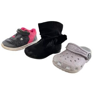 Girls Size 4 Bundle Shoes Black Boots Gray Sneakers Crocs